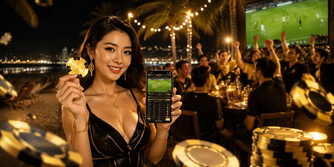Người dùng đặt cược thể thao trên bãi biển Phú Quốc với điện thoại thông minh lúc hoàng hôn